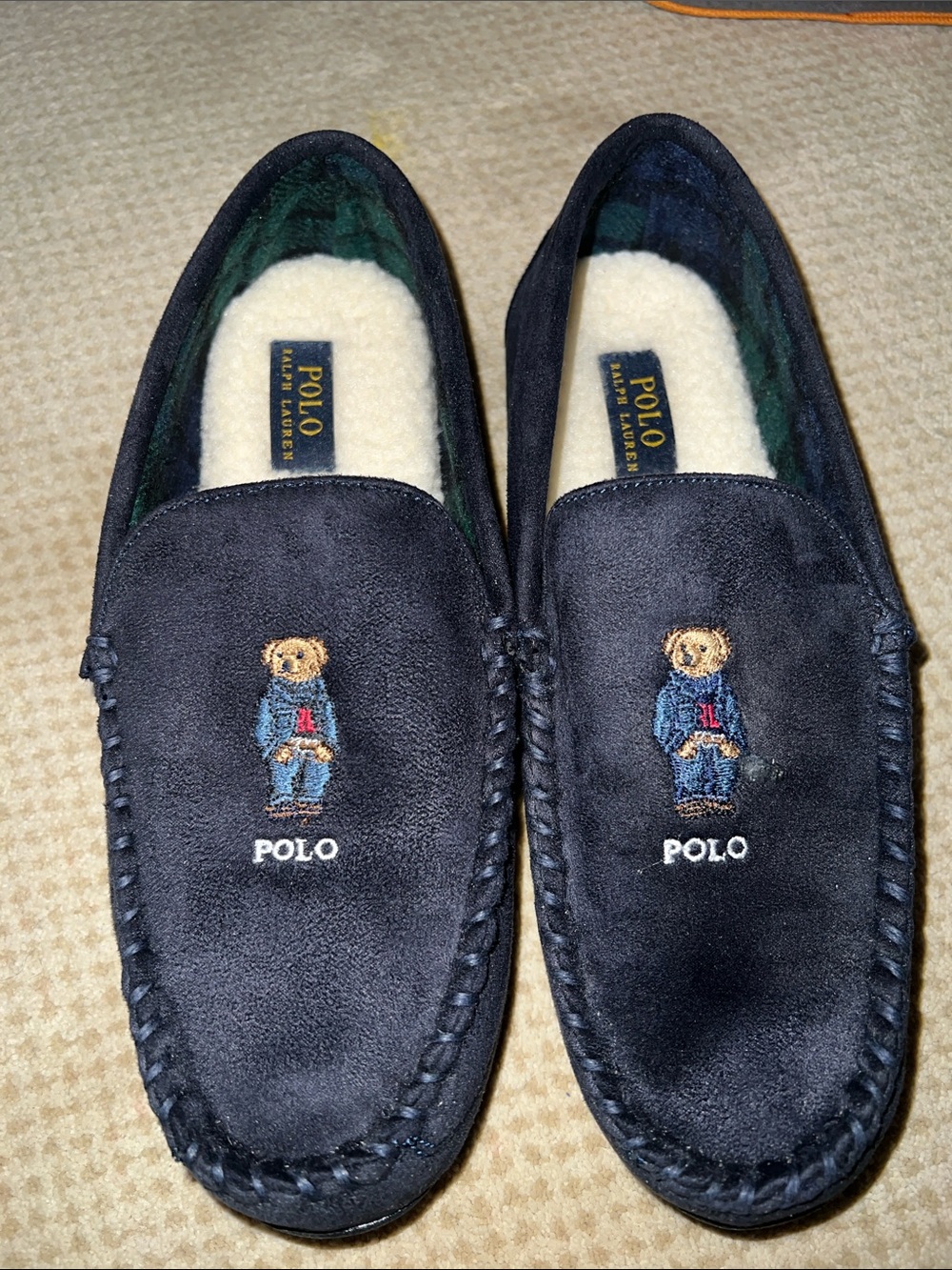 Polo byRalph Lauren Black and Green Plaid Suede Moccasin Holiday Bear Edition 10